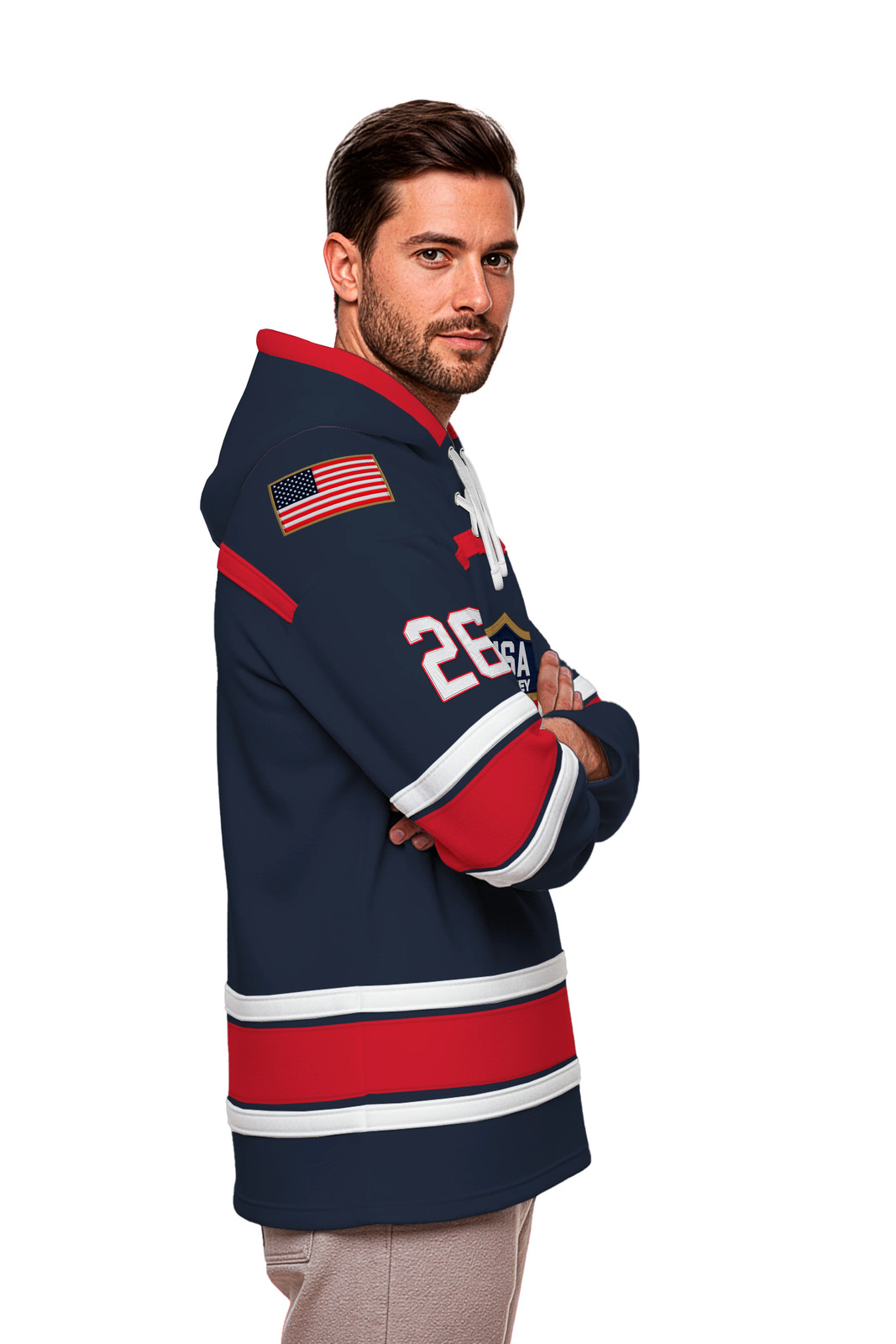 USA Hockey Shield Logo Official Embroidered Navy Lace Hoodie