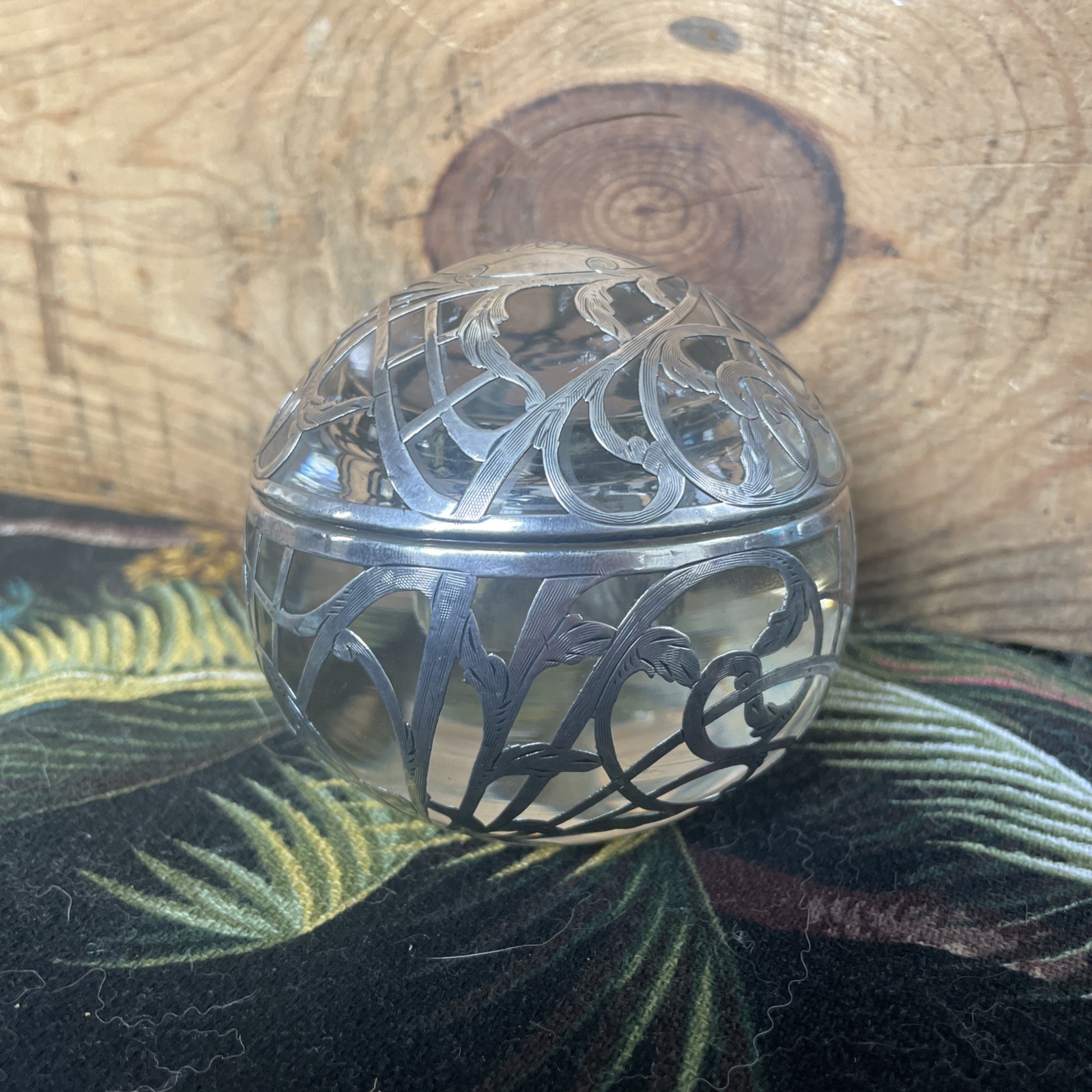 Antique Sterling Silver Overlay Glass Globe Art Nouveau Inkwell