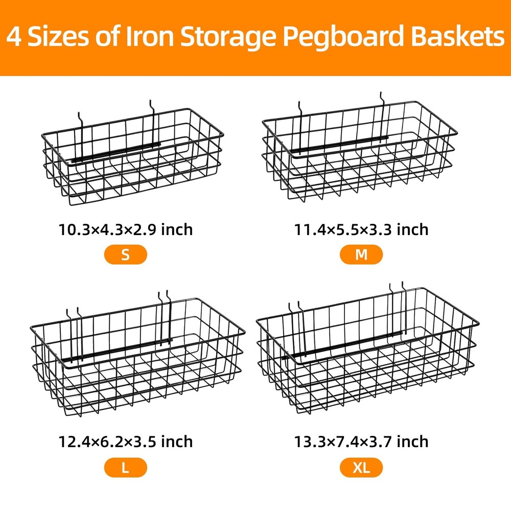 NOEAIKE 4 Pack Pegboard Baskets Hooks Set, Square Style 4 Size Peg Board Orga...