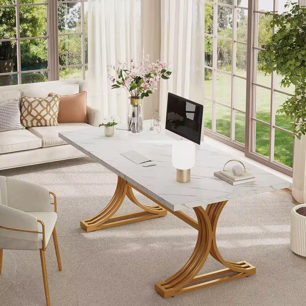 Moronia 63 In. Rectangular White and Gold Wood Computer Desk with Solid Metal Le