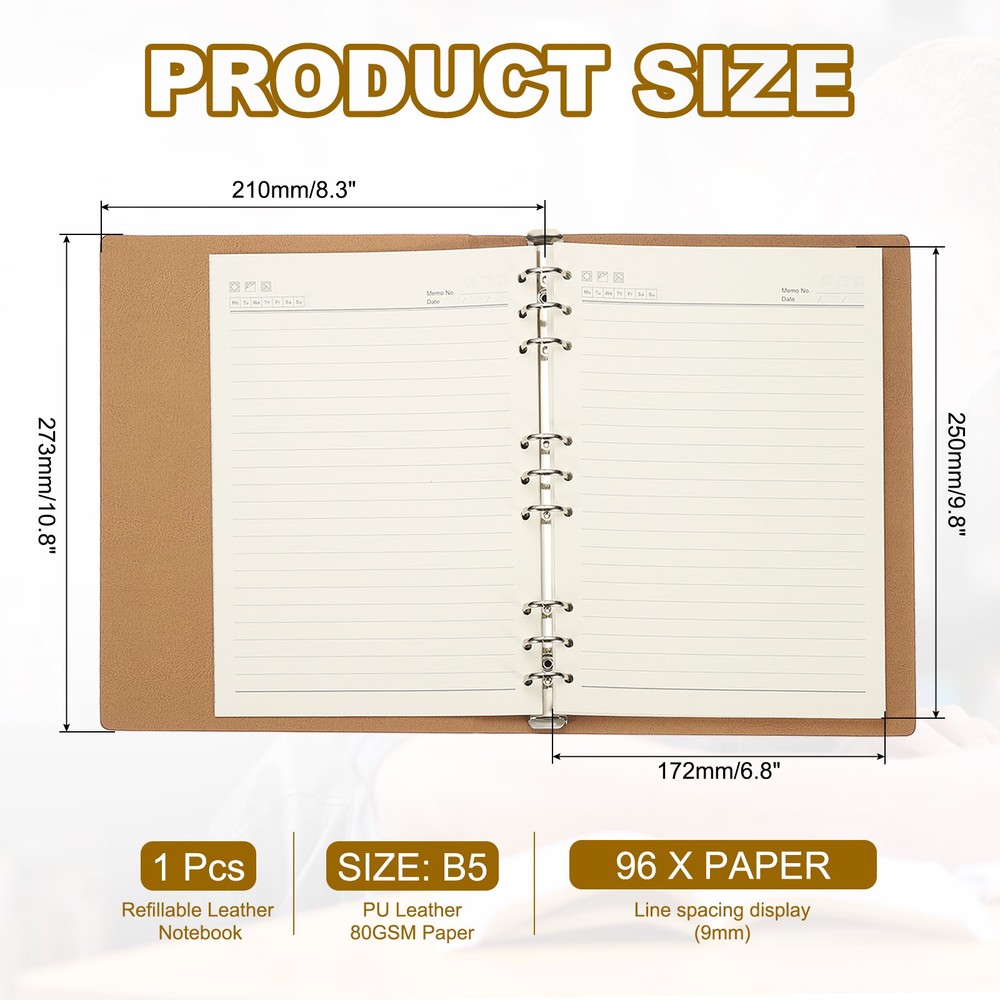 B5 Refillable Leather Notebook, 9 Ring Hardcover Binder Notebook, Brown