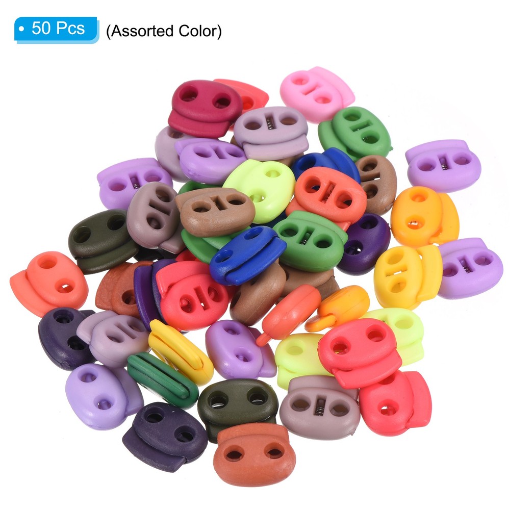 0.8x0.7" Cord Locks, 50 Pack Double Hole Spring End Toggle Stopper, Multicolor