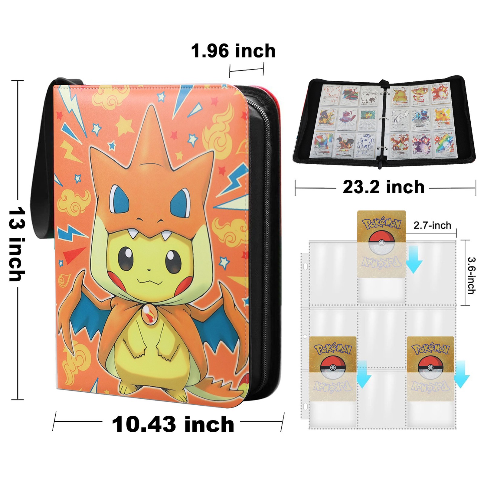 900 Cards Pocket Binder 9 Pocket Game Sport Trading Cards Album Folder - Pikachu