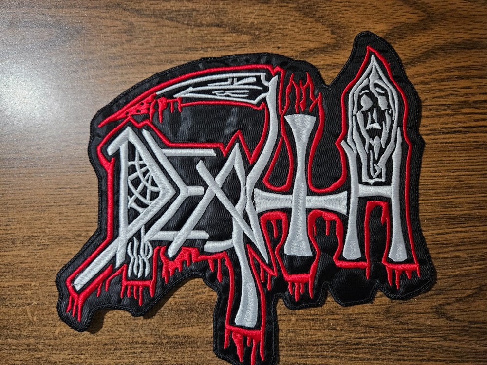 DEATH,SEW ON RED AND WHITE EMBROIDERED LARGE BACK PATCH