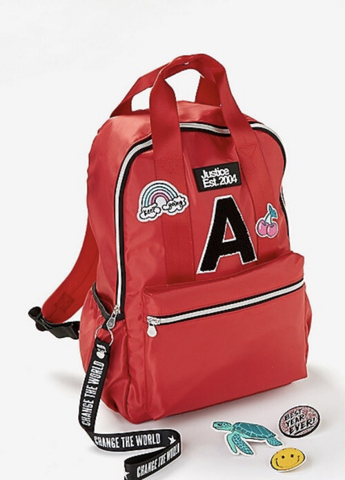 JUSTICE RED BACKPACK/LUNCHBOX/LANYARD INITIAL (E,J) PATCHES DIY SUPER CUTE!!