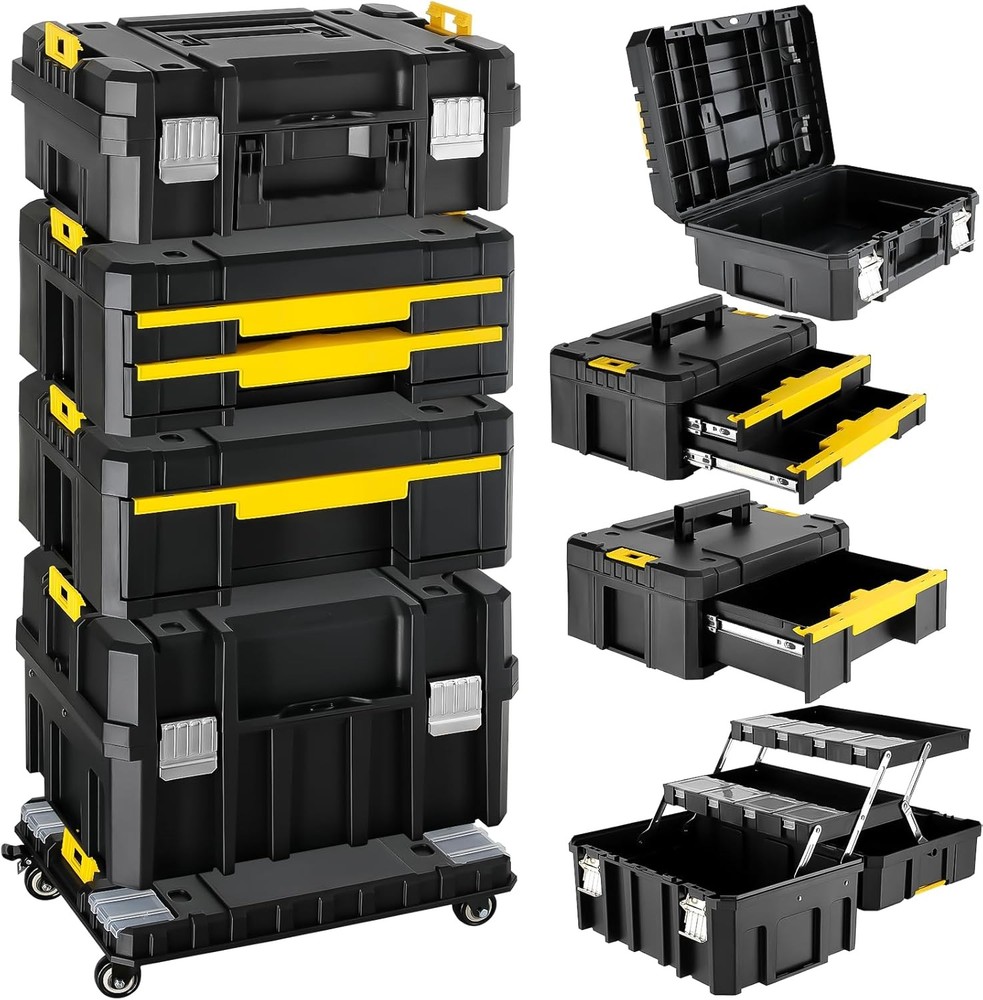 Stackable Toolbox 4 Piece Modular Rolling System Equipment Storage Garage