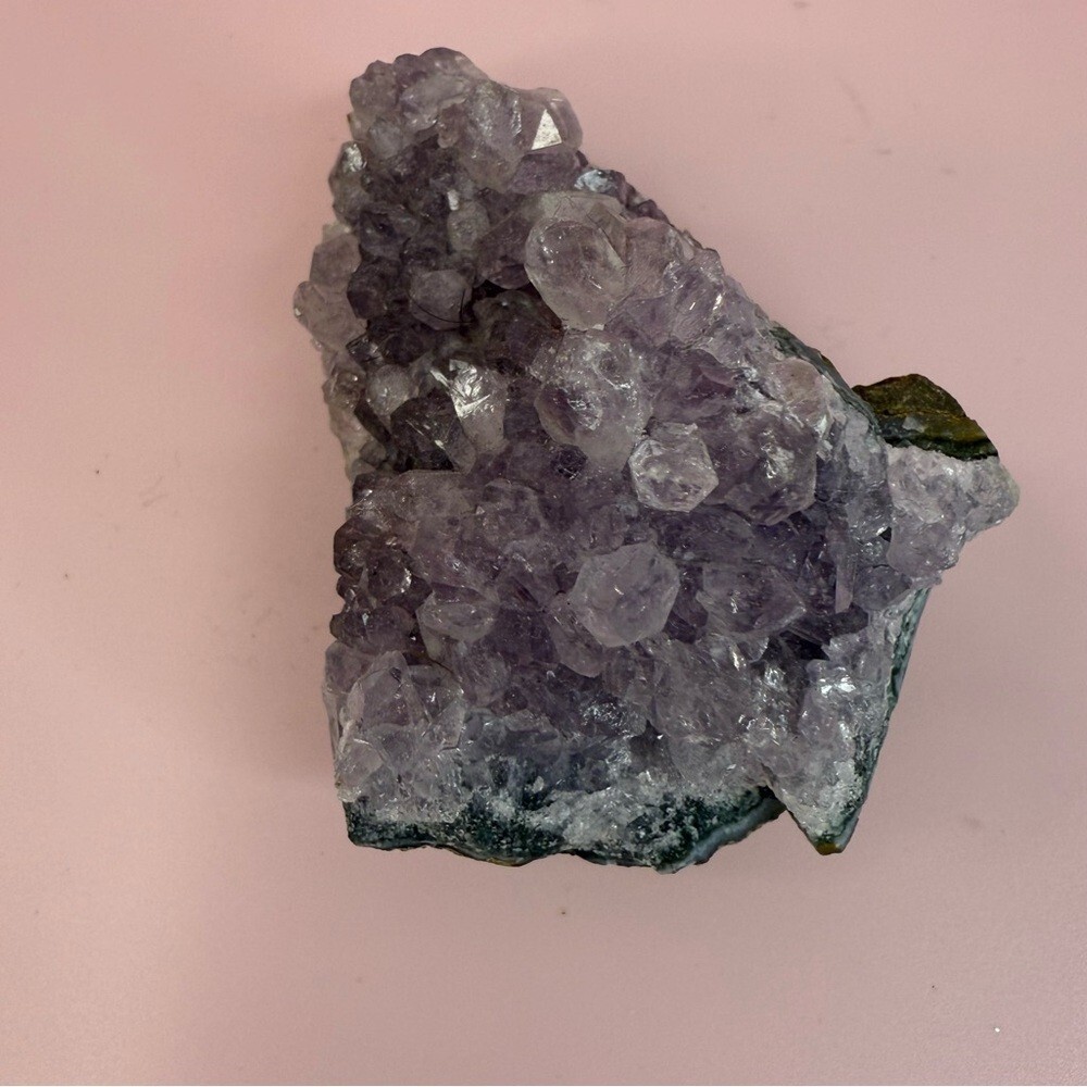 Raw Amethyst Crystal Cluster on Pink Digital Scale