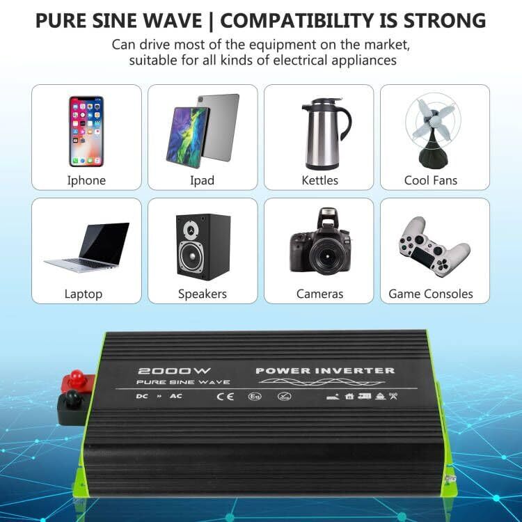 for RV Camper 2000W Pure Sine Wave Inverter 12V DC to 110V AC Converter