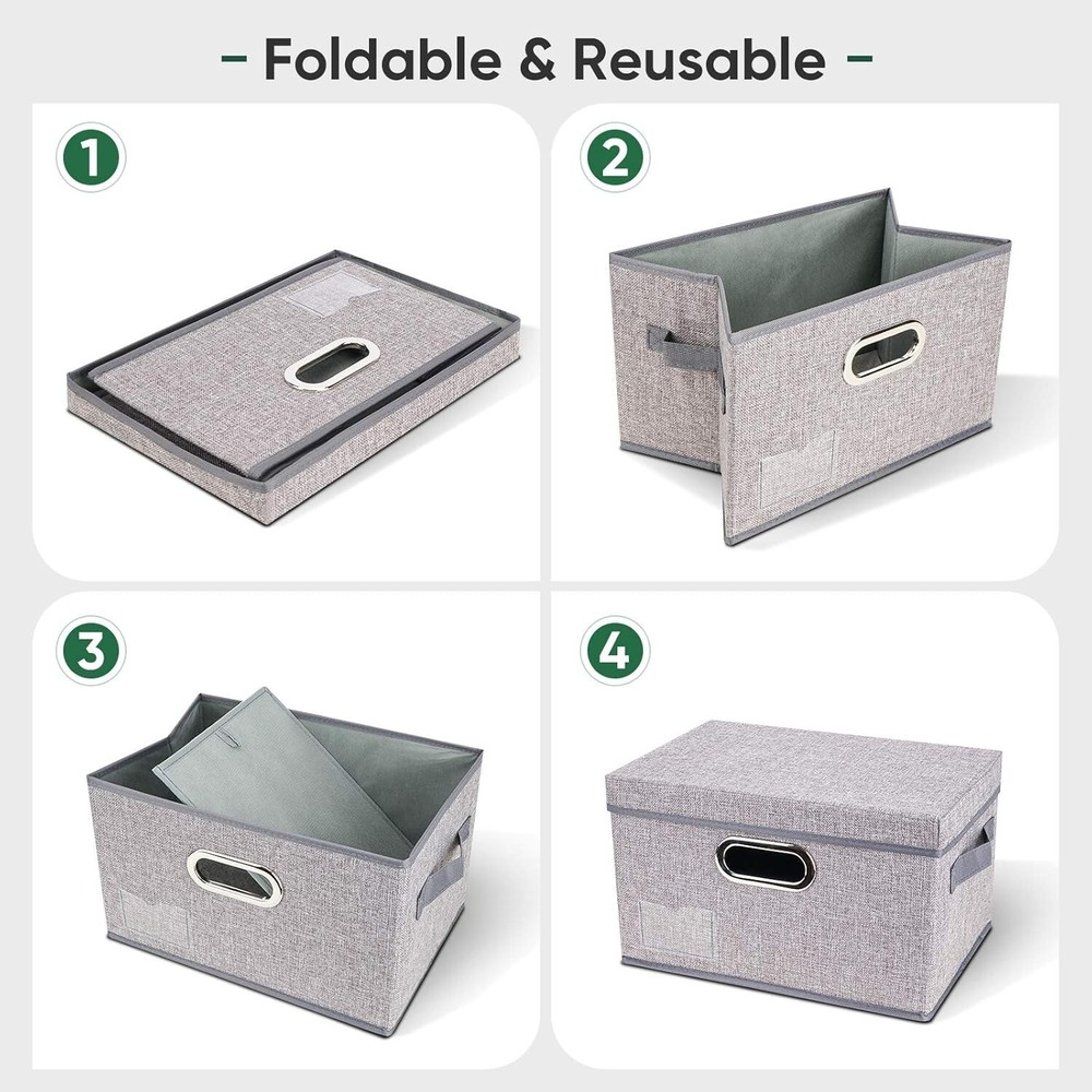 3 PACK Storage Bins with Lids, Foldable Linen Fabric Storage Boxes with Lids