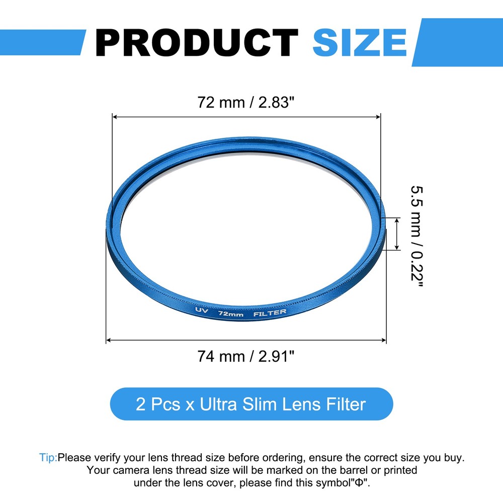 2Pcs 72mm Ultra Slim Lens Filter Multi Coating Camera Len Filter, Blue