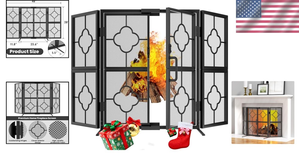 Durable Adjustable 3 Panel Fireplace Screen - Handcrafted Wrought Iron Design