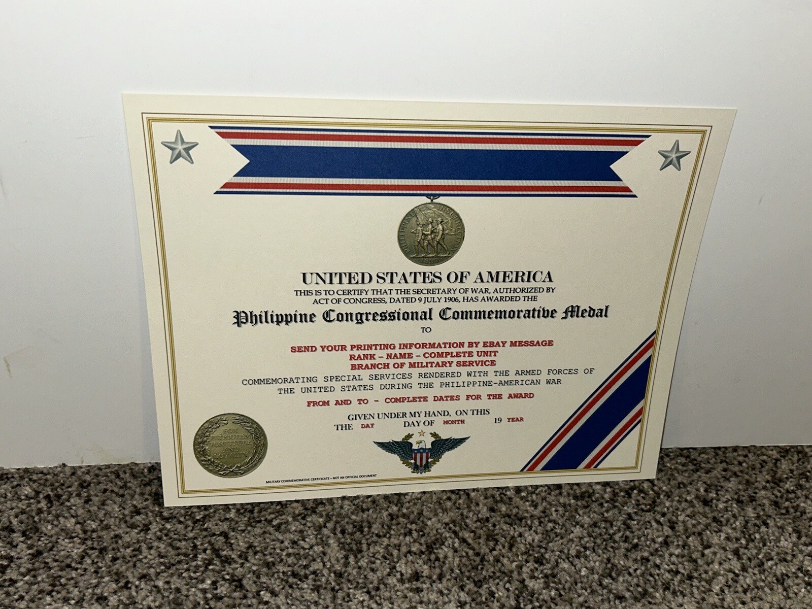 PHILIPPINE CONGRESS COMMEMORATIVE MEDAL CERTIFICATE ~ W/PRINTING TYPE-1