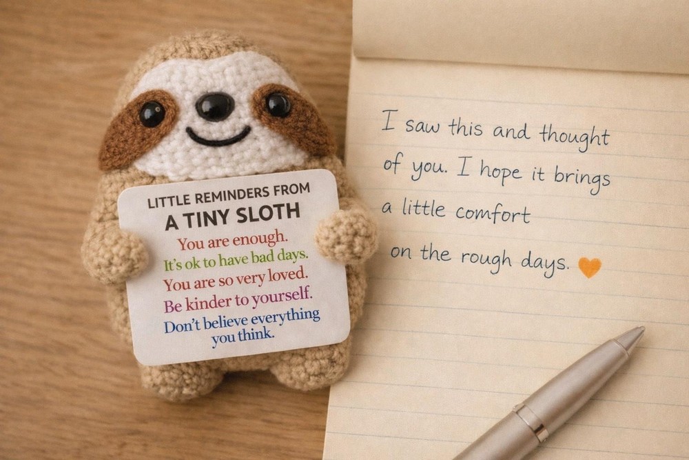 Tiny Sloth Positive Affirmation Plush • Cute Desk Decor • Pocket Reminder