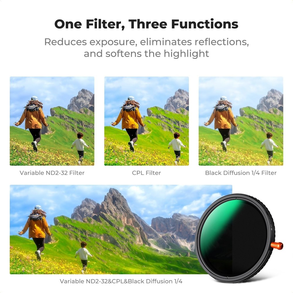 K&F CONCEPT 3 in1 Variable ND2-32 & Black Diffusion Mist Effect 1/4 & CPL Filter
