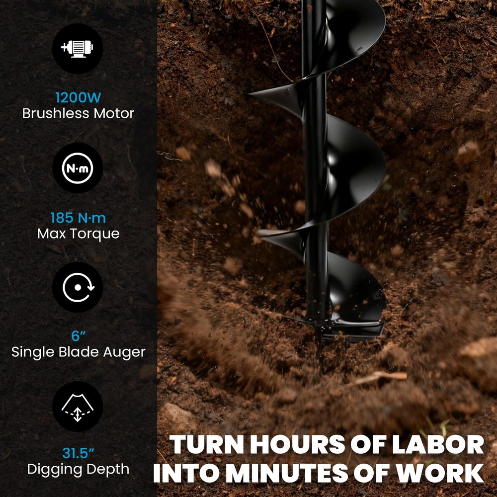 1200W Electric Post Hole Digger Cordless Earth Auger with Reverse Function 6”...