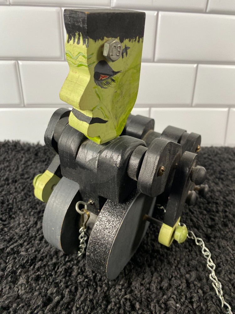 Frankenstein Wooden Pull Toy Halloween Decor Hand Painted OOAK Chain Bolt Pull