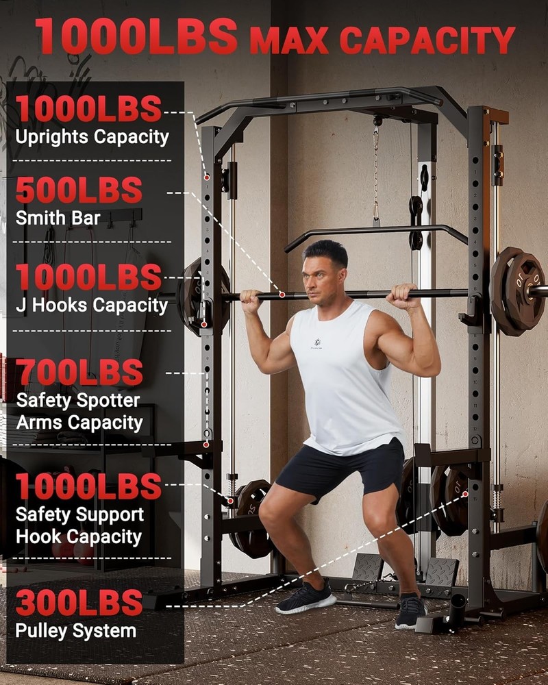 Multi-Functional Smith Machine Home Gym W Barbell Bar Cable System LAT Pulldown