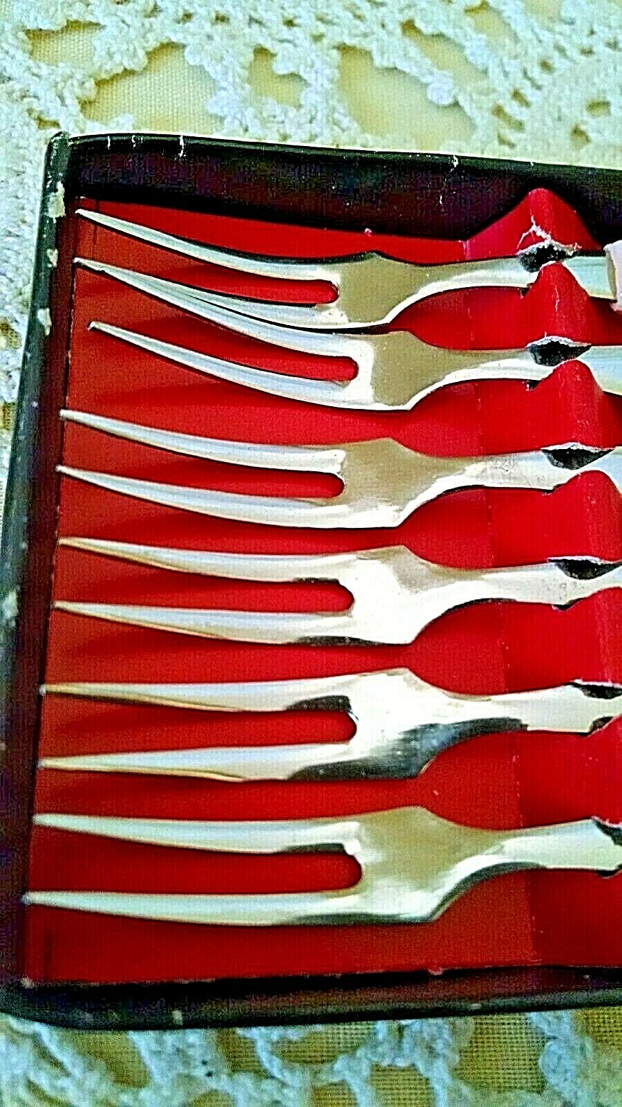 TEXAS COCKTAIL FORKS SET 6 VINTAGE JAPAN STAINLESS STEEL PLASTIC HANDLE ORG BOX.