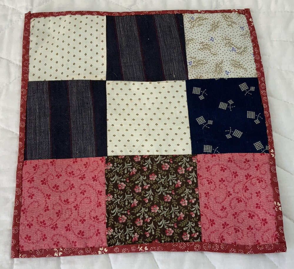 Vintage Patchwork Quilt Table Topper, Early Calico Prints, Nine Patch