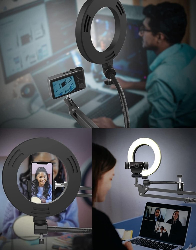 Compact Overhead Camera Mount with Adjustable Ring Light for Filming & Tutorials