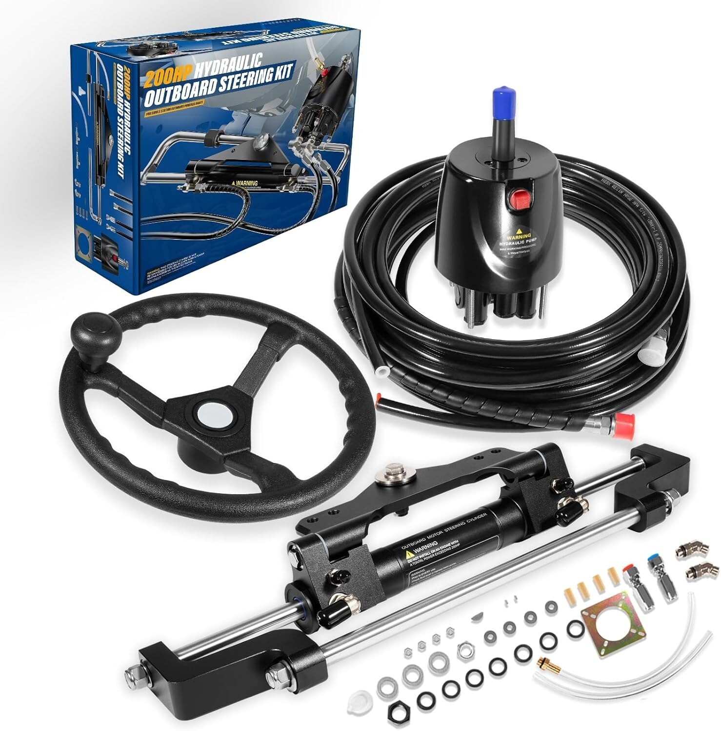 200HP Boat Hydraulic Outboard Steering Kit 26ft for Most Single Outboard-Powered