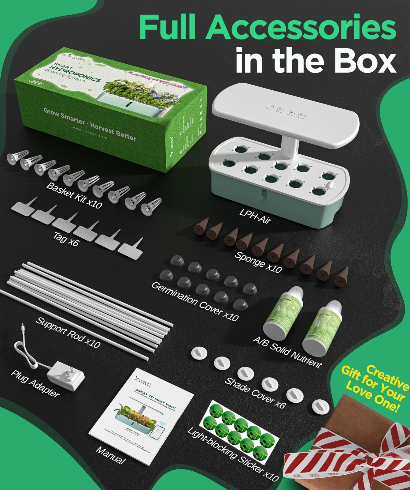 LetPot LPH-Air Hydroponics Growing System Kits, APP & WiFi 10 Pods, Green