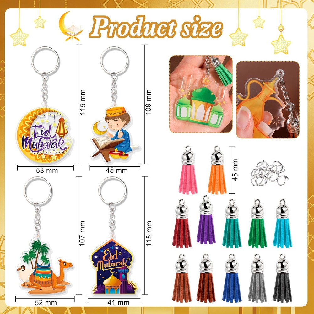 12pcs Eid Ramadan Keychains Set, Eid Mubarak Acrylic Keychain Making Kits wit...