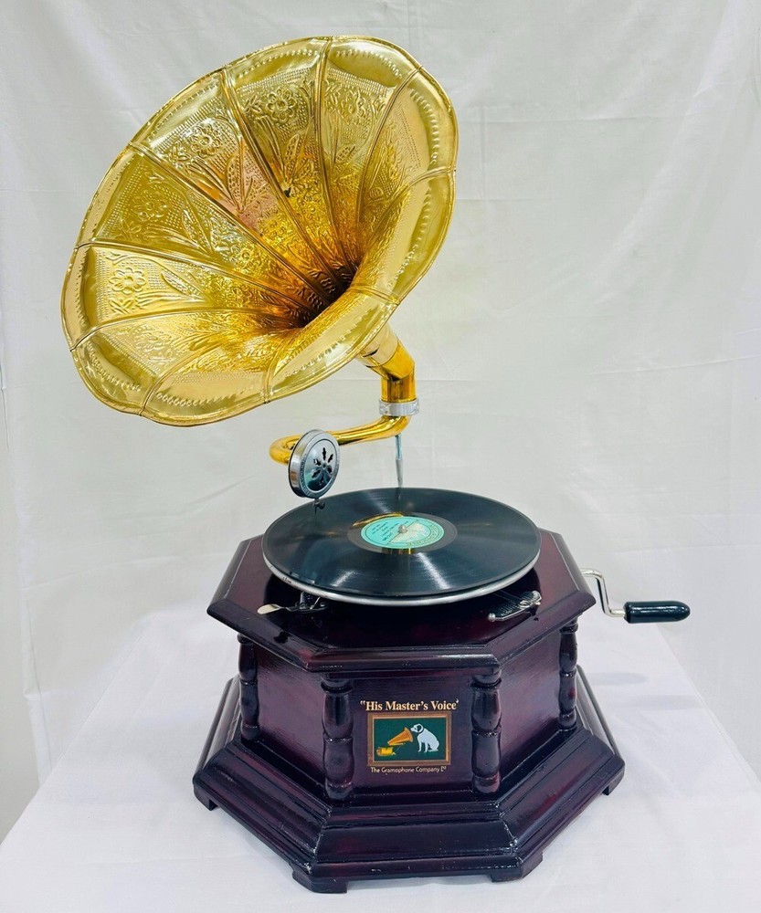 Antique HMV Gramophone Silver Functional working Phonograph win-up record