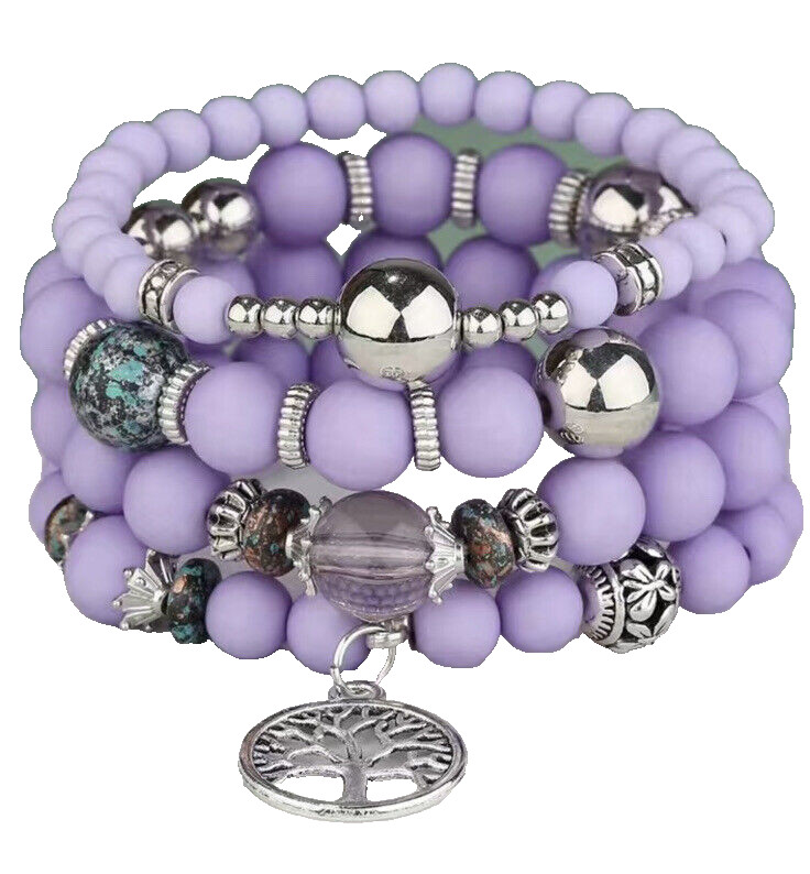 4 PC Handmade Boho Beaded Stackable 6.5” Plus Stretch Bracelet Set New A3864