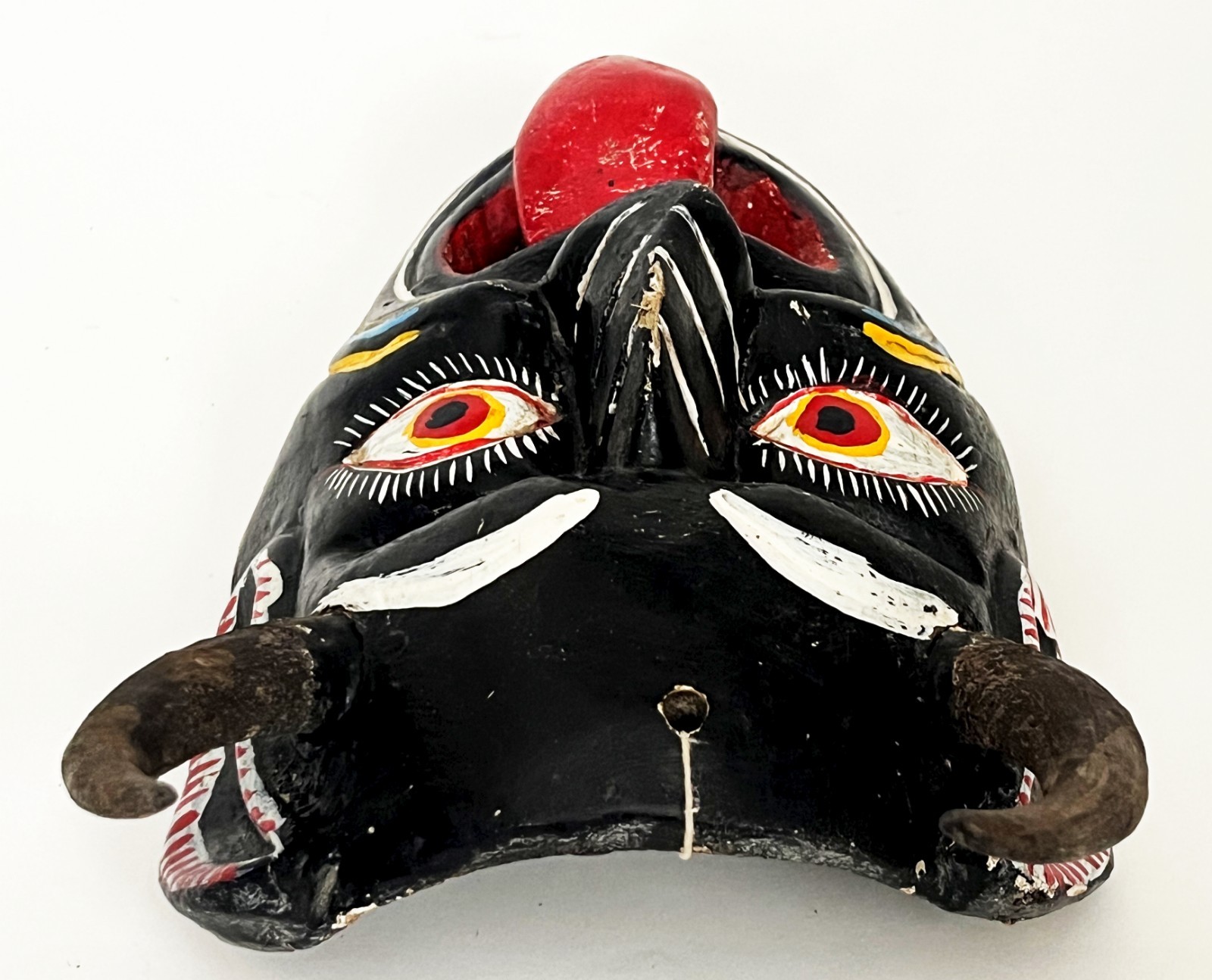 MEXICAN FOLK ART CARVED WOOD BLACK HORNED DIABLO DEVIL DEMON DANCE MASK 14 x 8"