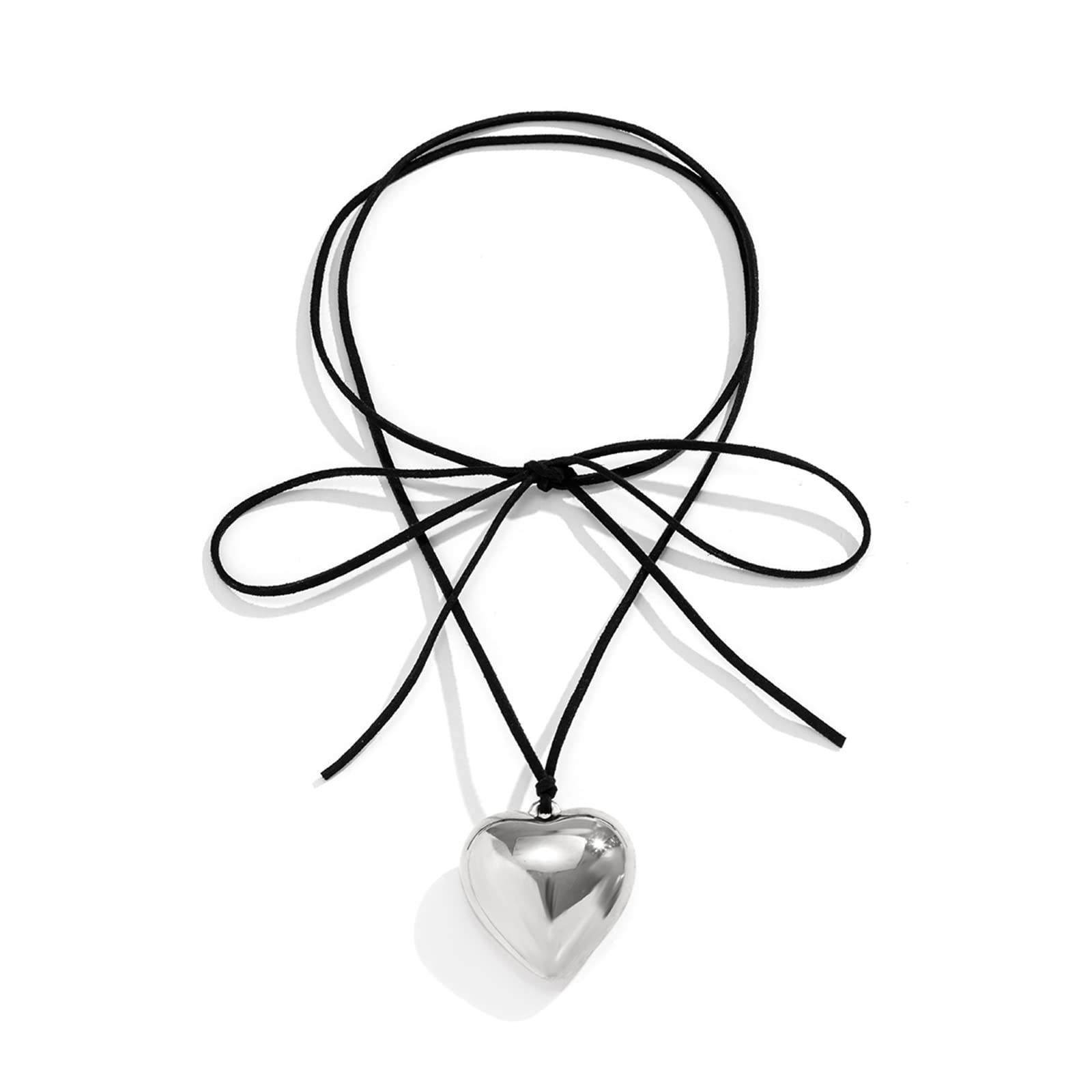 Chunky Puffy Heart Choker Necklace - Big Heart Pendant Adjustable Velvet Chai...