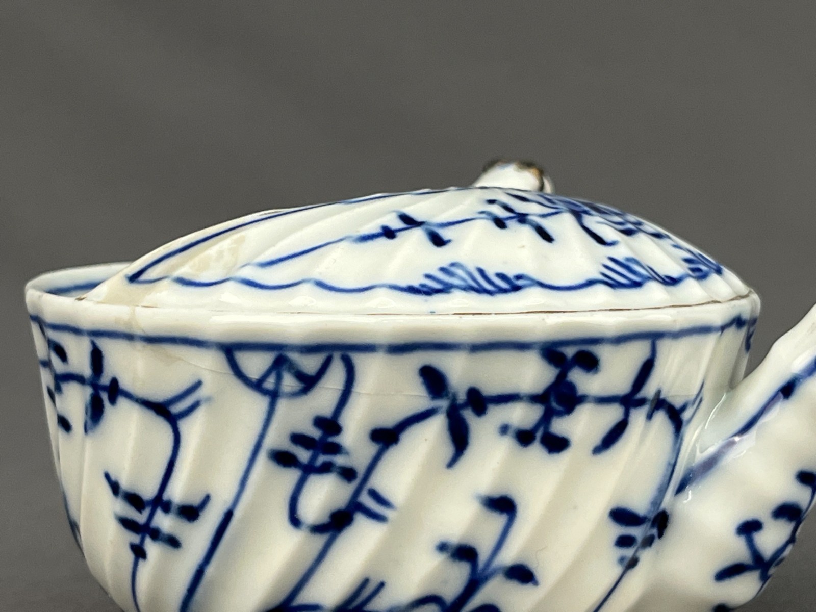 Royal Tettau BLUE ONION Invalid Feeder Pap Boat w/STAPLE REPAIR MAKE DO c. 1885