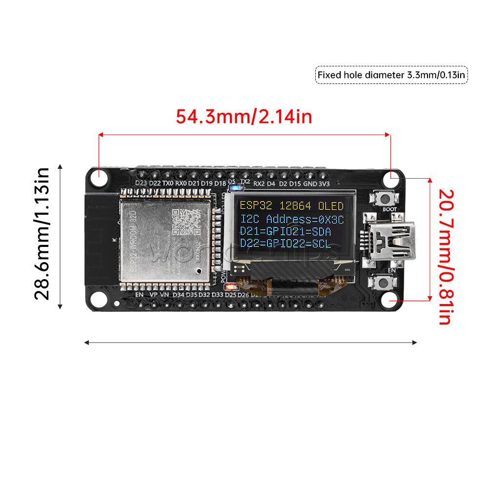 0.96" ESP32 ESP-WROOM-32D WIFI Bluetooth Development Board OLED CH340C Module