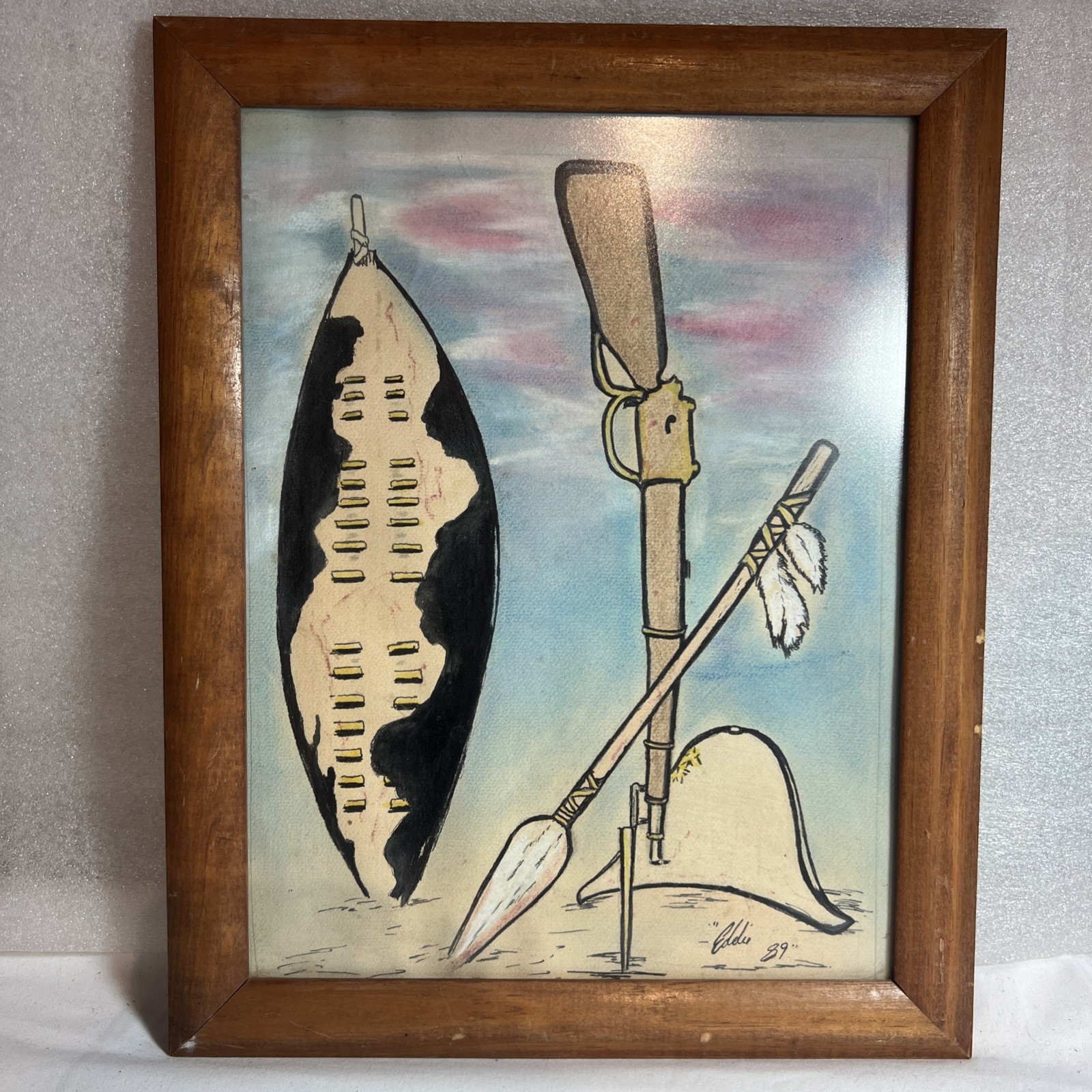 Zulu Cowhide Shield Framed Painting Signed