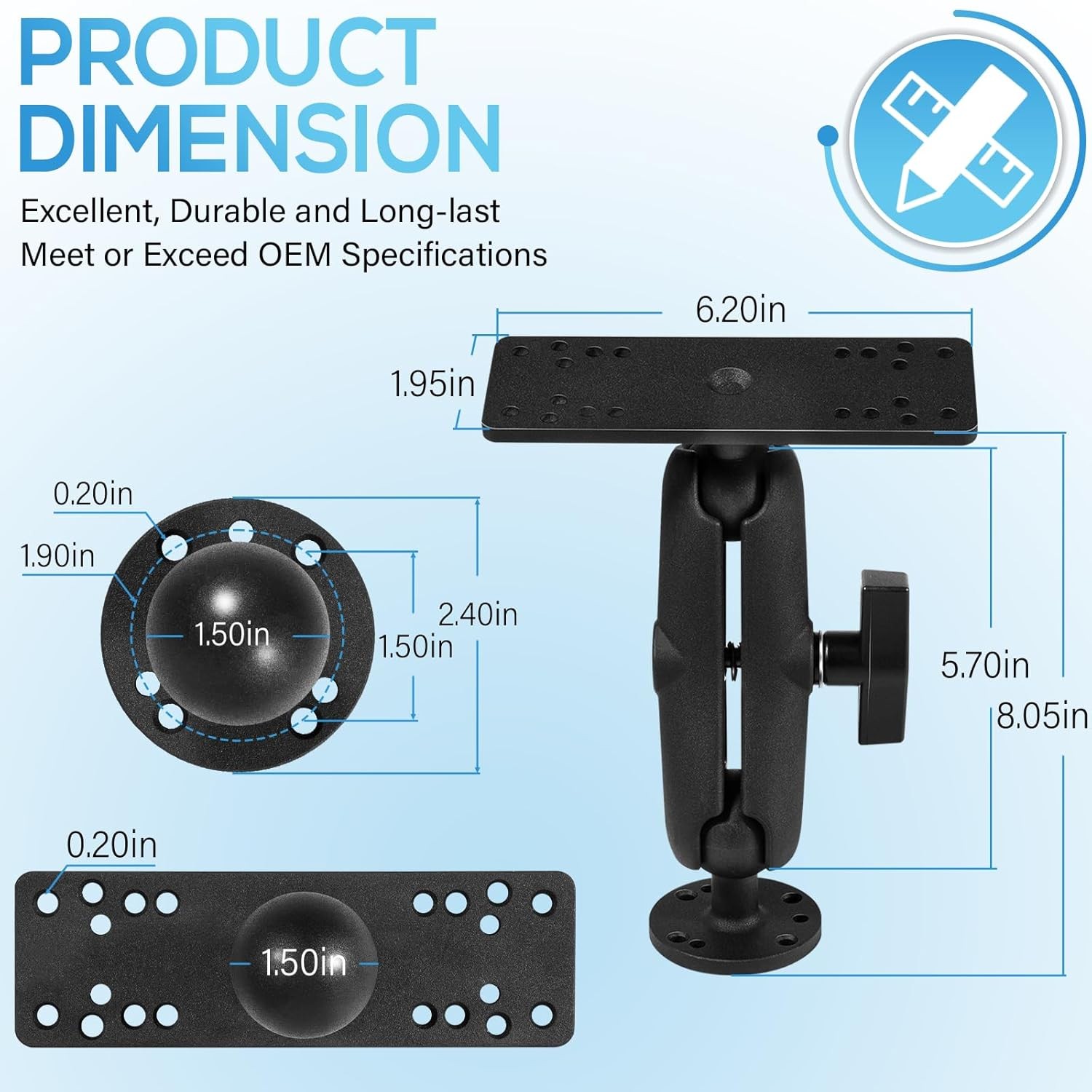 Aluminum Fish Finder Mount 1.5"Ball Medium Arm 360° Rotation for Garmin Lowrance
