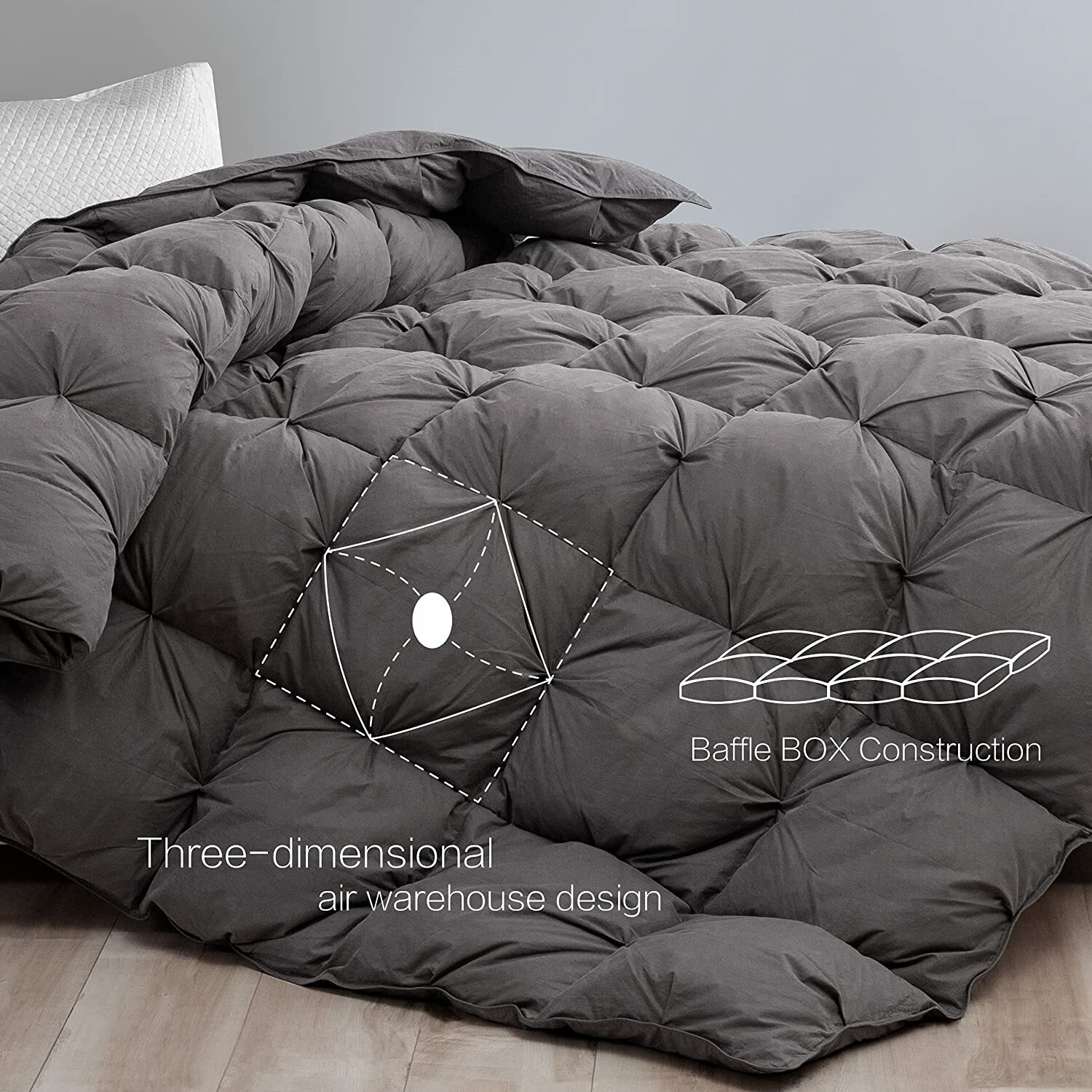 SNOWMAN Goose Down Comforter Pinch Pleat Duvet Insert 750+FP, 1200TC, KING/QUEEN