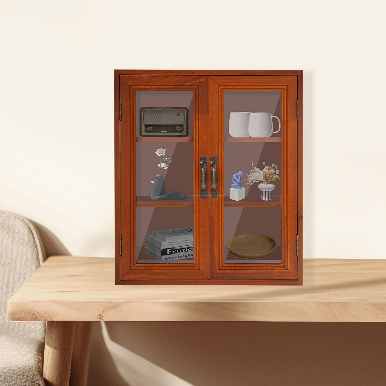 12.09*4.72*14.17in Brown Solid Wood& Acrylic Freestanding 3-tier Storage Cabinet