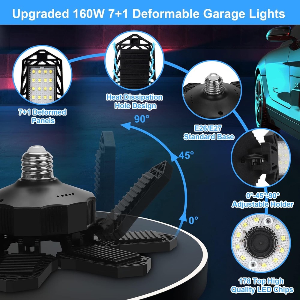 LED Garage Light Bulb Deformable Ceiling Fixture Lights E26/E27 Workshop Lamp US