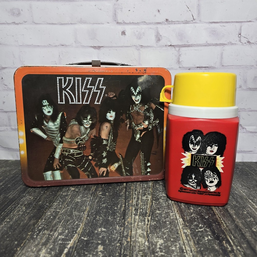 1977 KISS LUNCHBOX W/ Thermos Gene Ace Paul Peter Vintage Rare Brown Handle