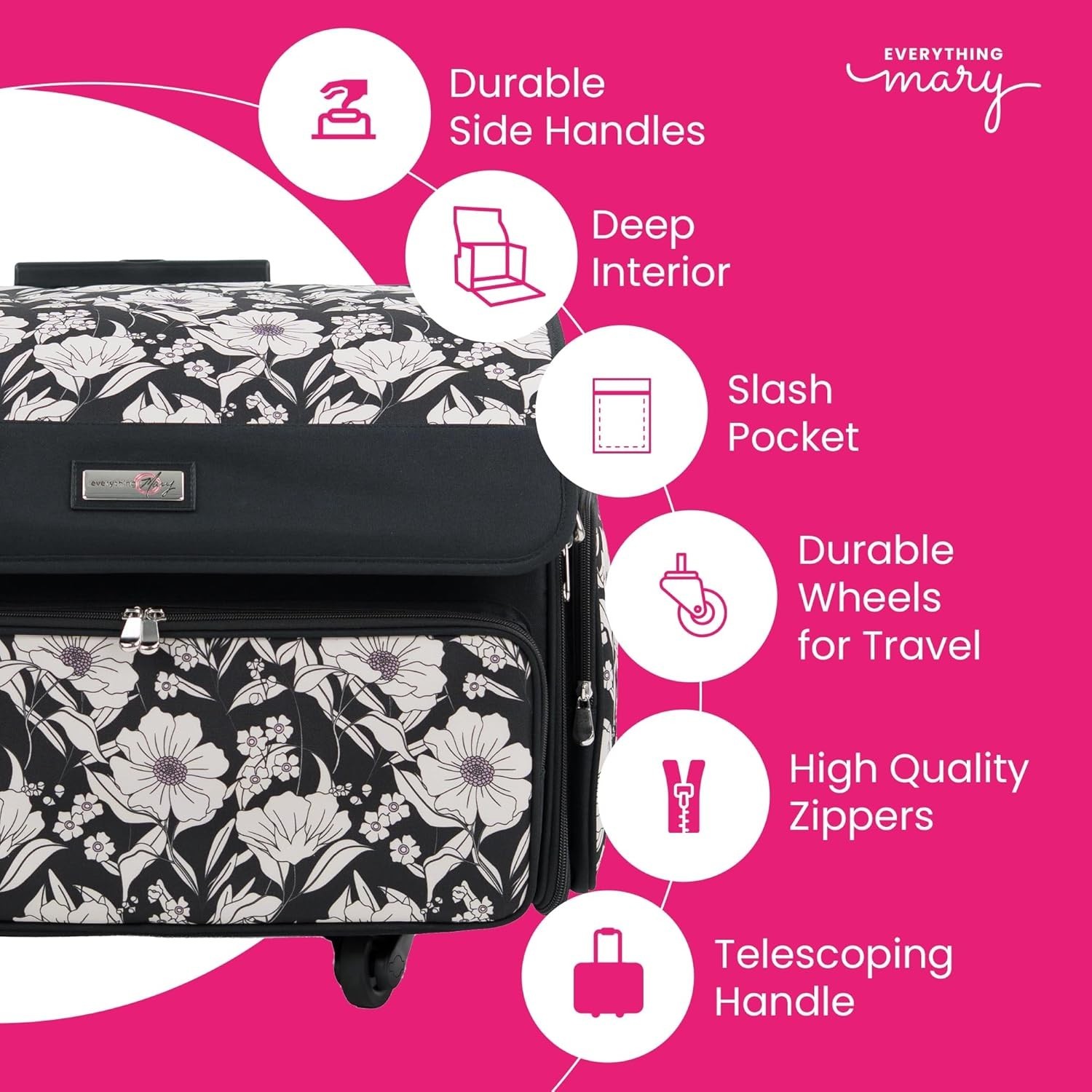 Everything Mary Sewing Machine Case Rolling 4 Wheel Storage Bag Black