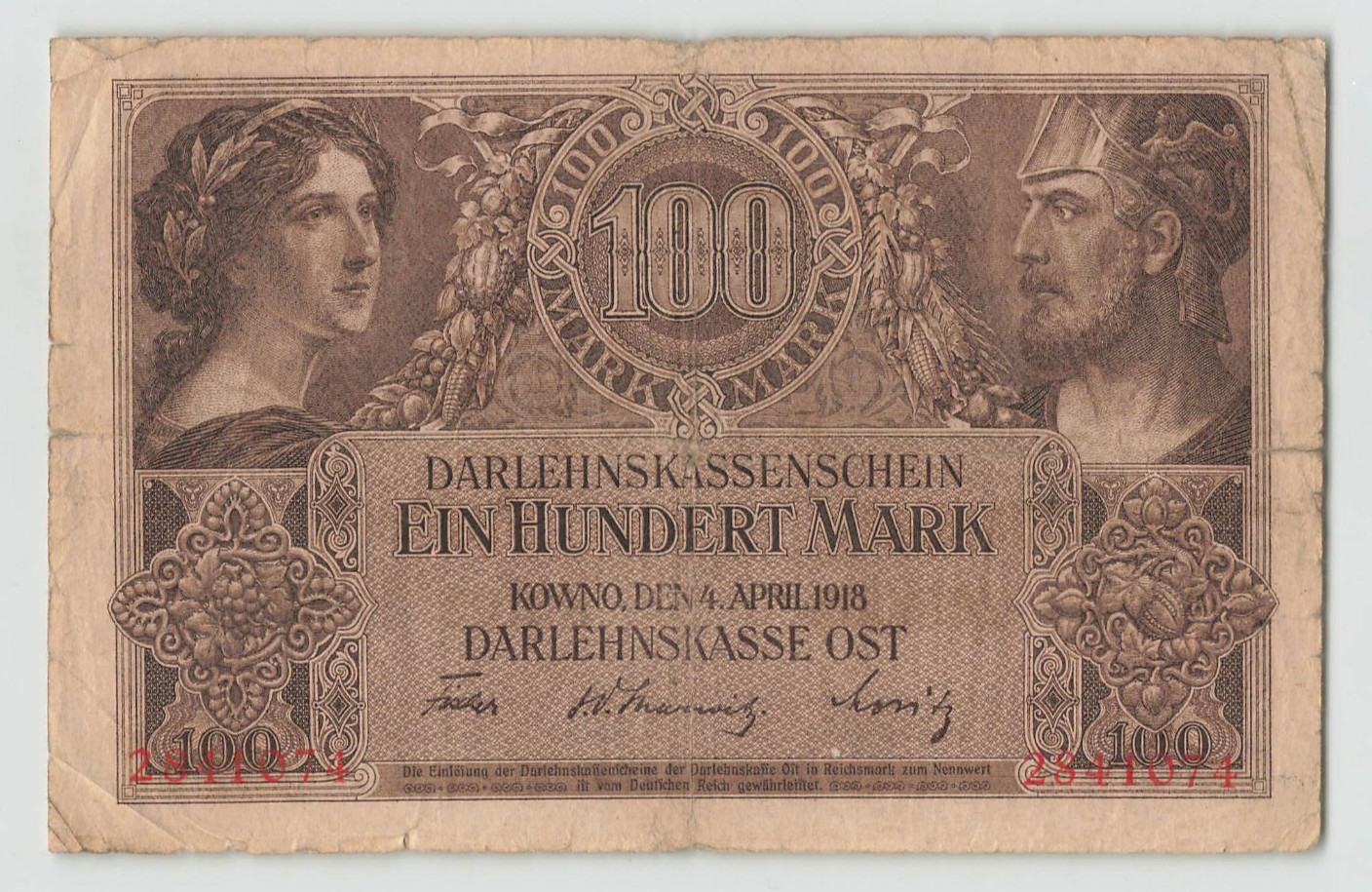 GERMANY 100 Mark 1918, P-R133 WWI Occupation of Lithuania, Kowno (Kaunas). Circ