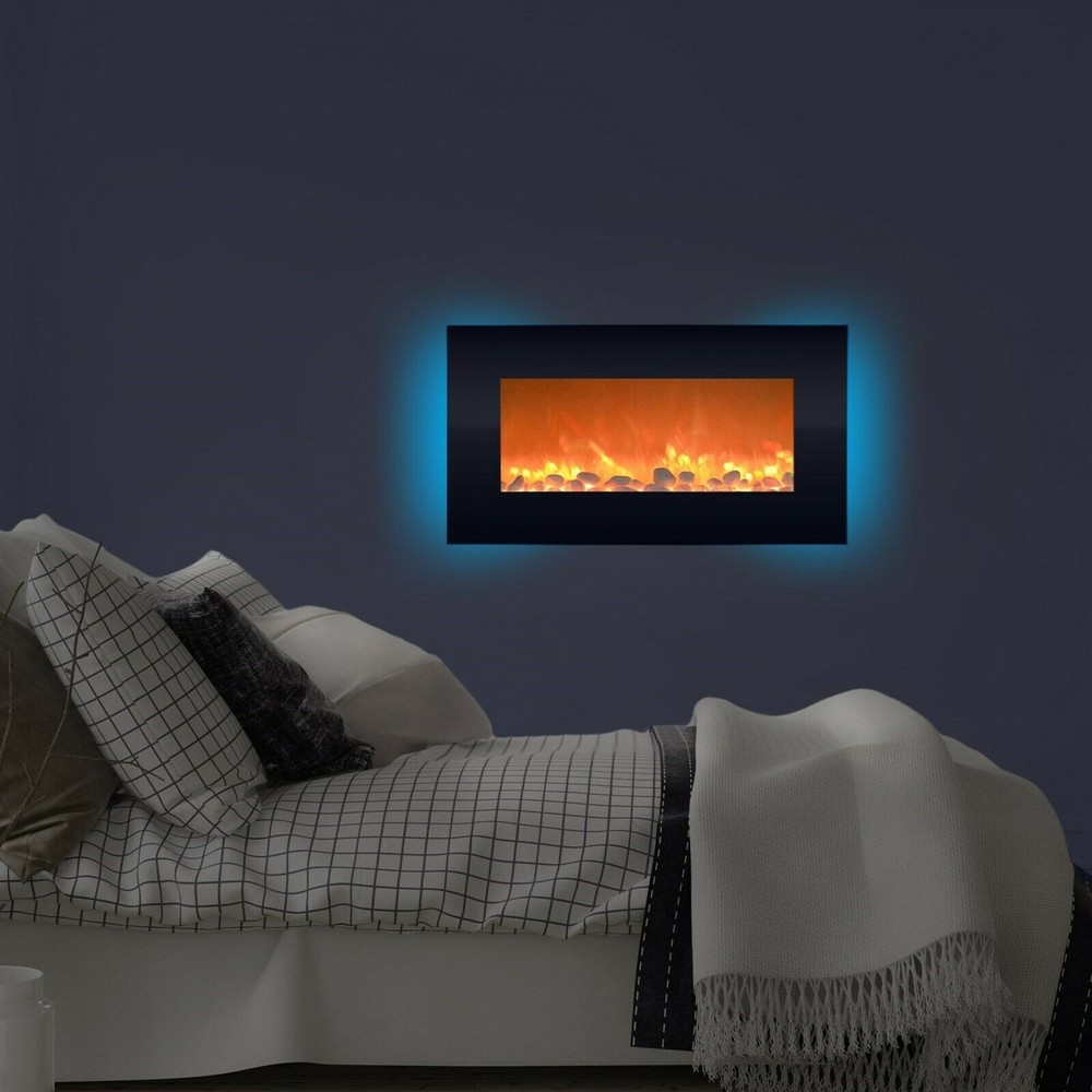 Electric Fireplace Wall Mounted Adjustable Heat Remote Backlight Colors Timer