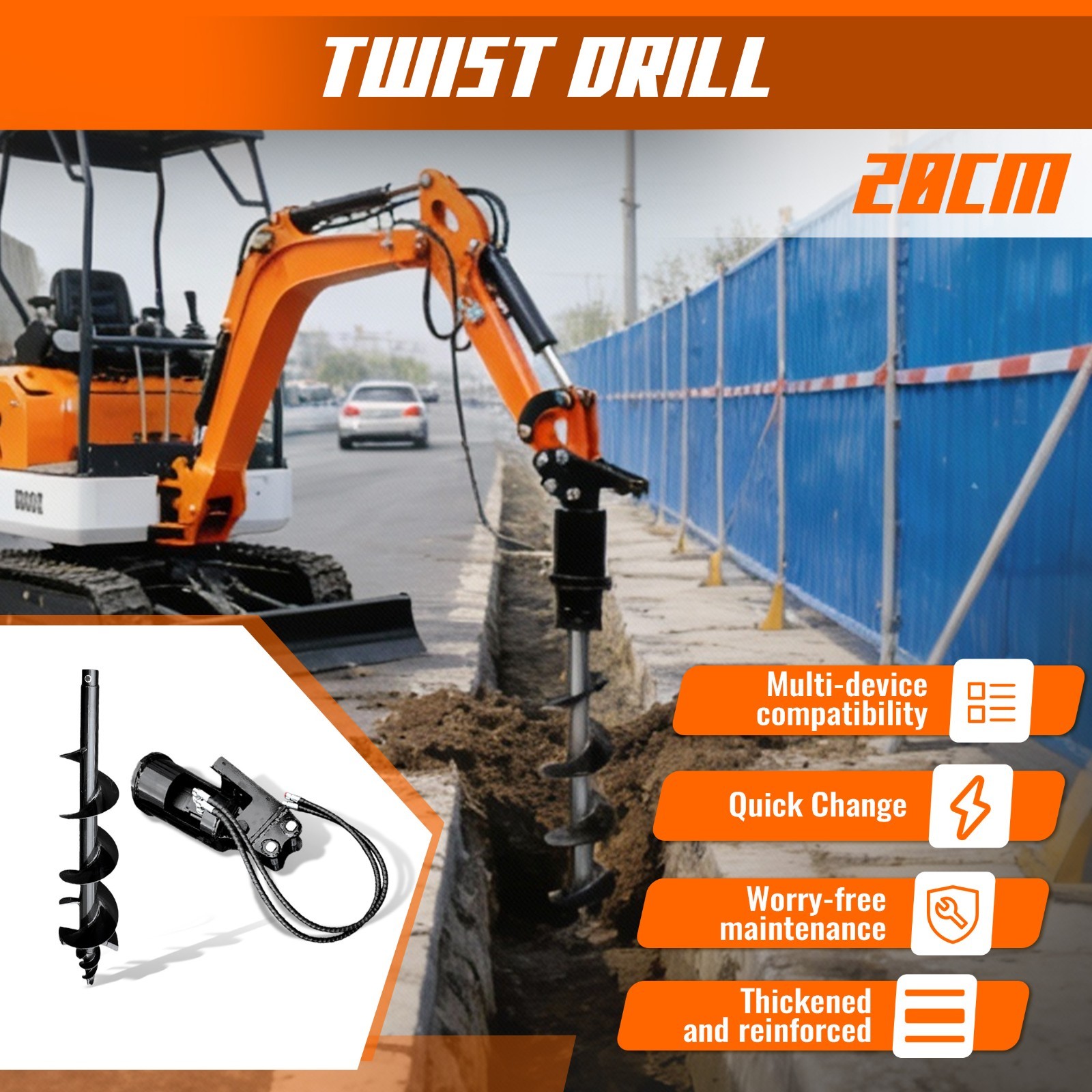 200mm Auger Drill Attachment for 1-1.5 Ton Mini Excavator