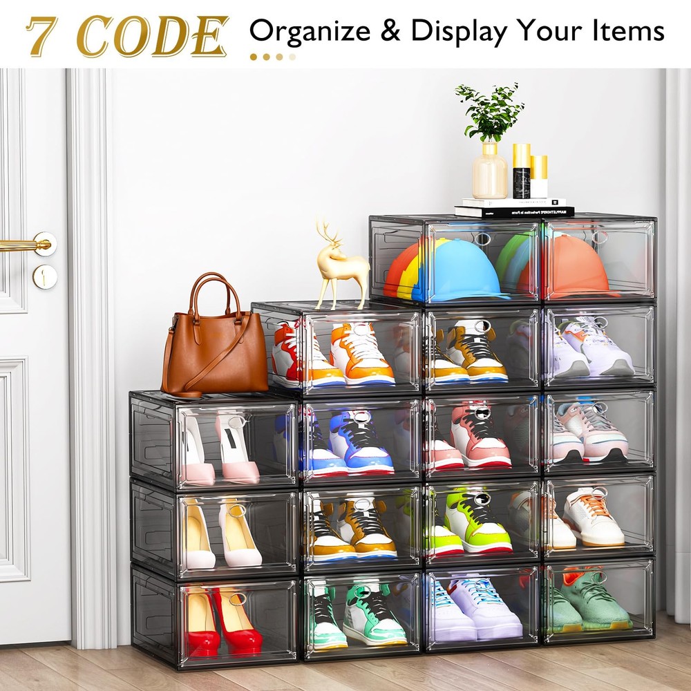 7 code Large Clear Shoe Boxes Organizer【Thicker Material】 9 pcs, Black