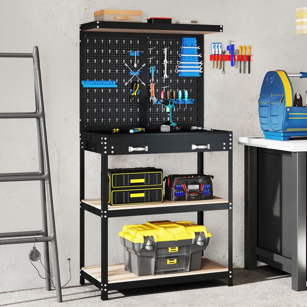 Workbench w/ Pegboard, Shelves & Drawers Versatile Tool Organization Work Table