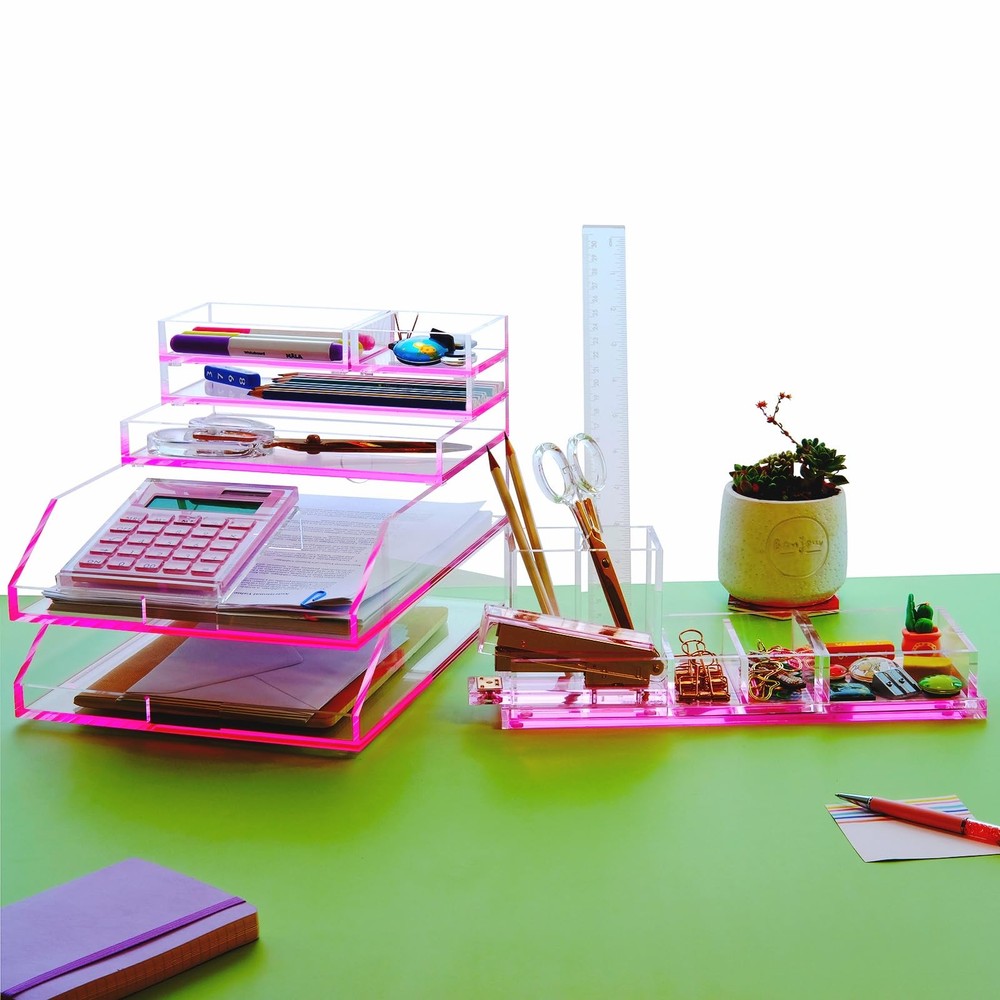 2pcs Pack Stackable Pink Acrylic Paper Trays, Desk File Organizer, A4 Paper H...