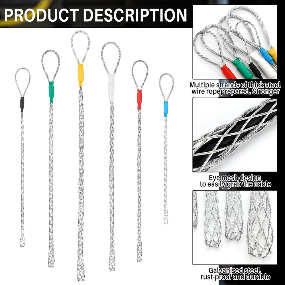 6 Pcs Cable Puller Socks 4-25 mm Cable Pulling Sock Grip Kit Eye Mesh Wire Gr...