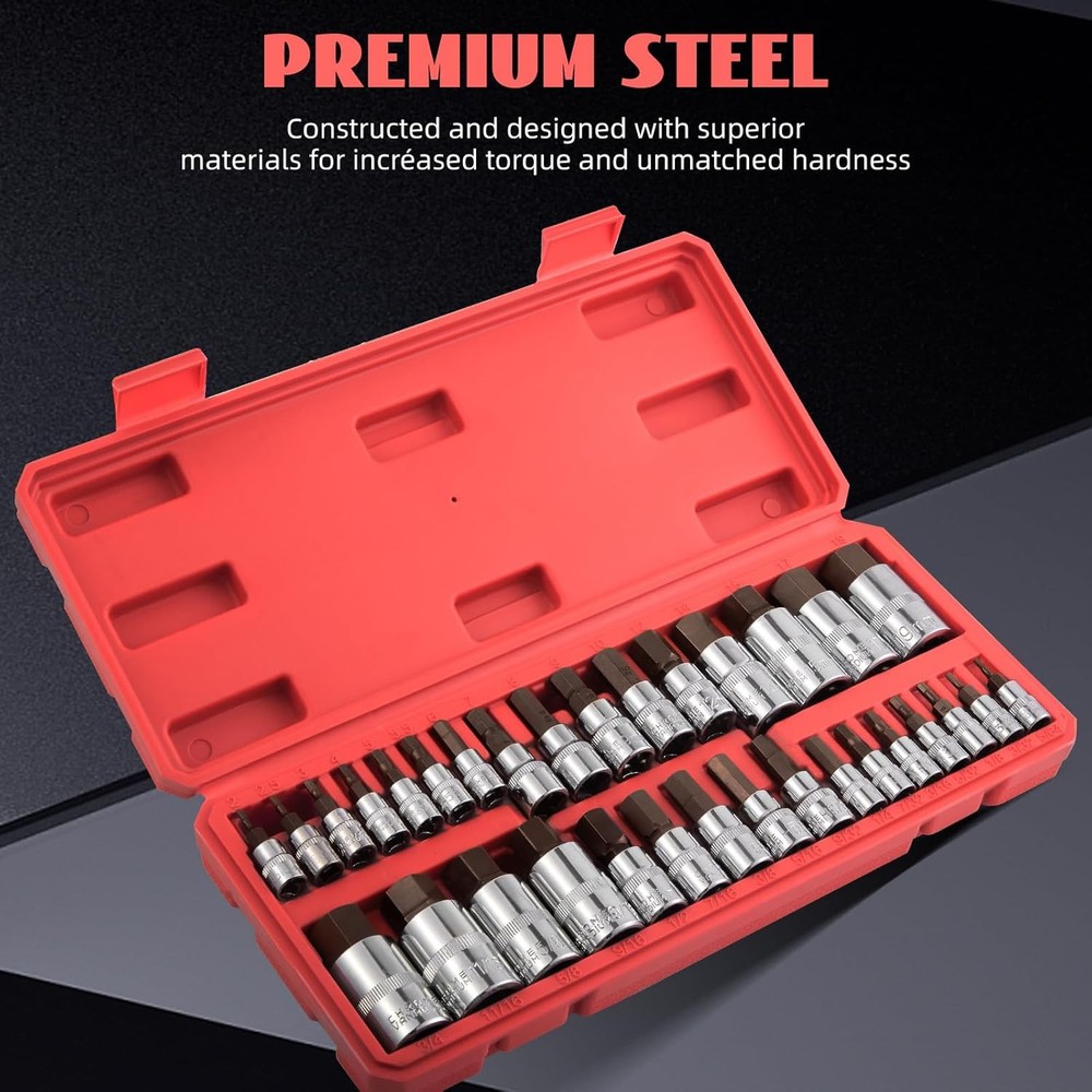 Hex Bit Socket Set 32-Piece, Allen Socket Set, 1/4'', 3/8”& 1/2'' Hex Drive