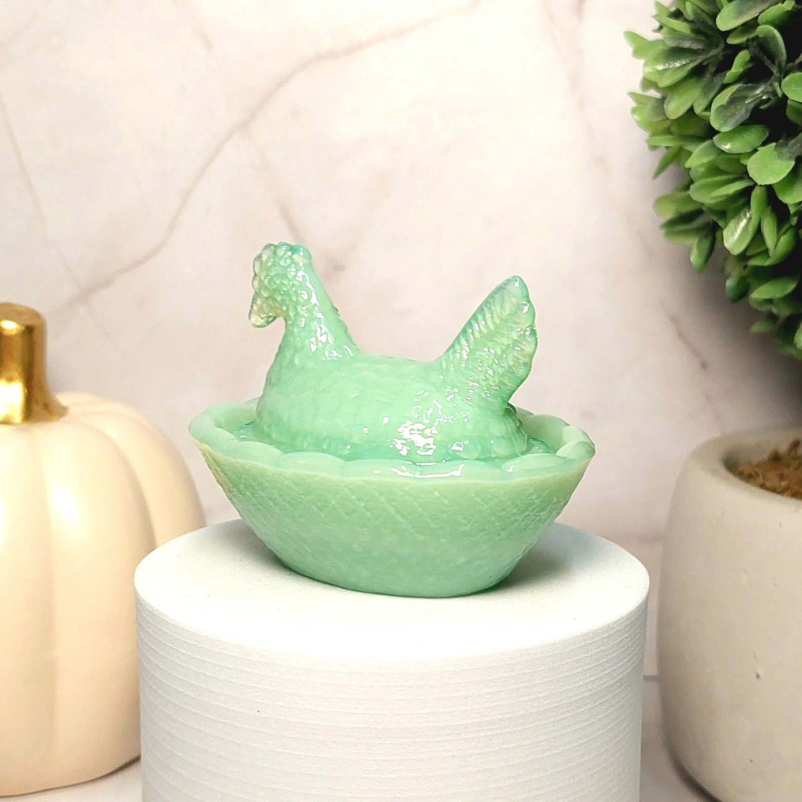 Jadeite Depression Style Glass Hen On Nest Chicken Salt Cellar Dish, VTG Style
