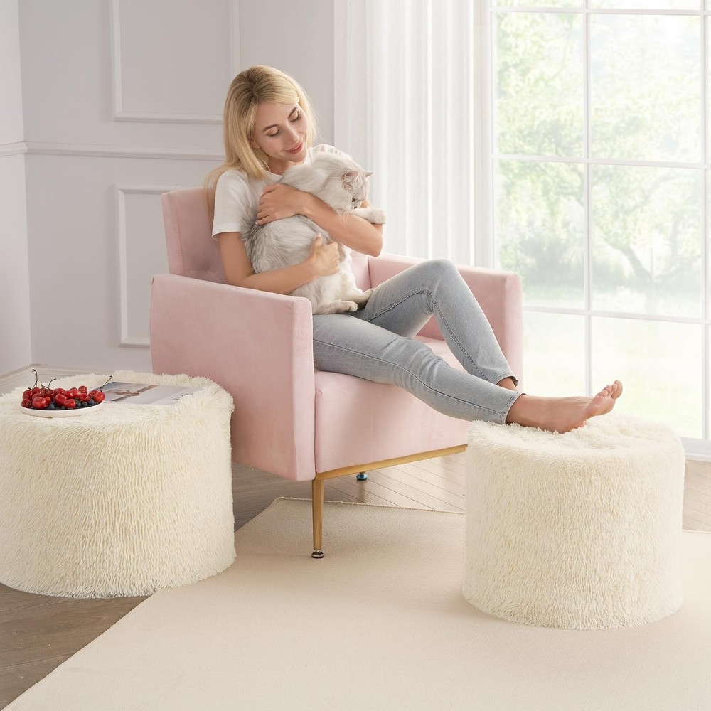 Hansleep Round Stuffed Pouf Ottoman 17 x 14, Foam Filled Faux Fur Ottoman Foo...